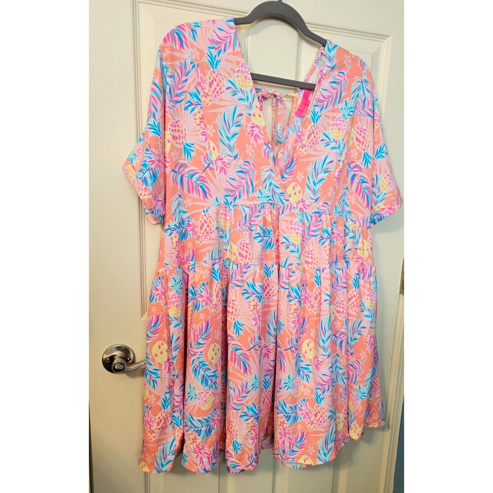 Simply Southern Tropical Pineapple Tiered Babydoll Dress with Pockets Large
